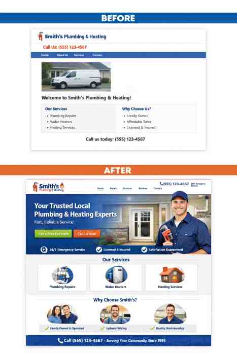 before & after homepage design for a local business